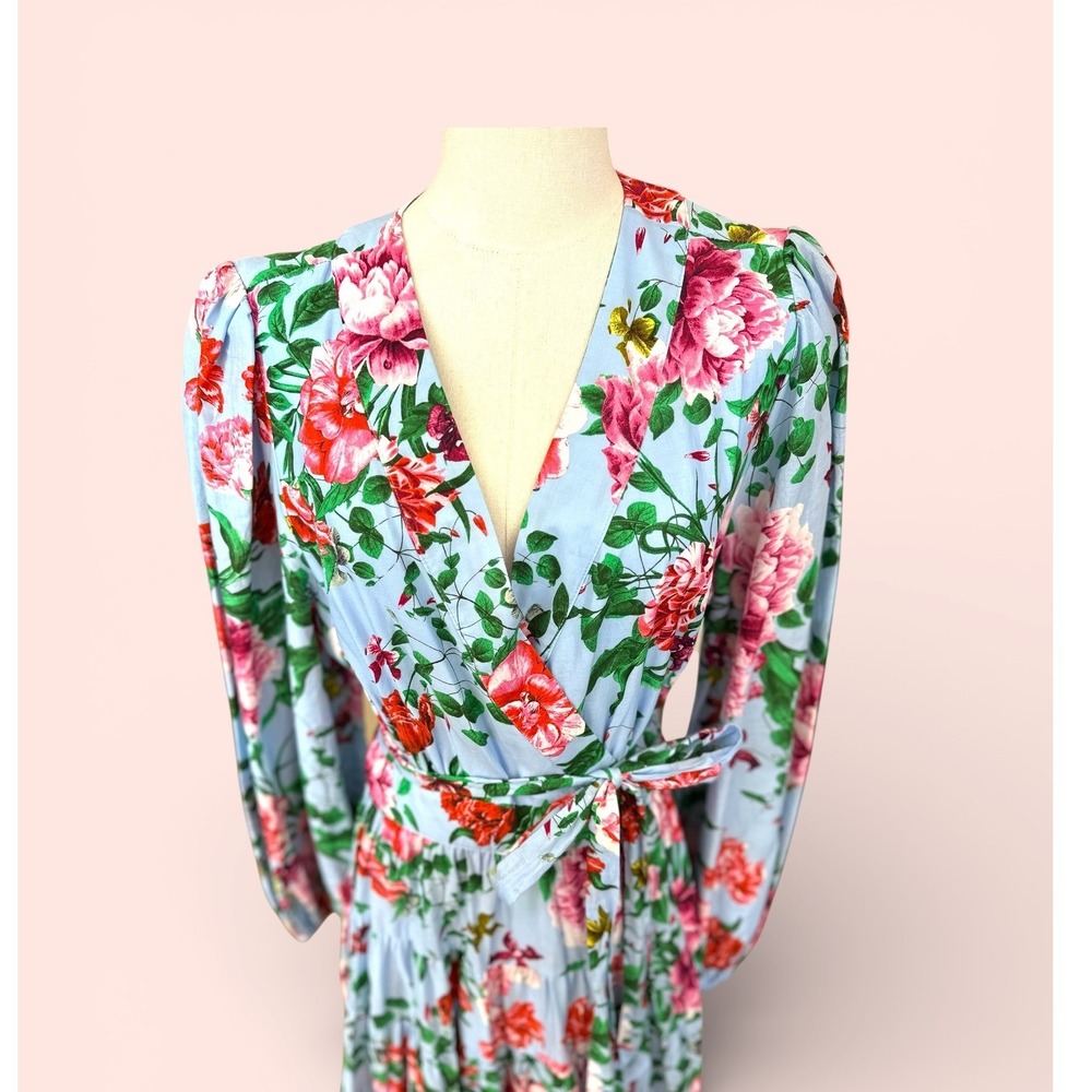 Gibson + Latimer NWT SZ XL Floral Midi Dress Blue Pink Wrap Tiered Puff Sleeve - Picture 3 of 15